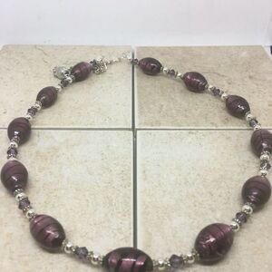 Purple Striped Lampwork and Crystal Necklace 21"